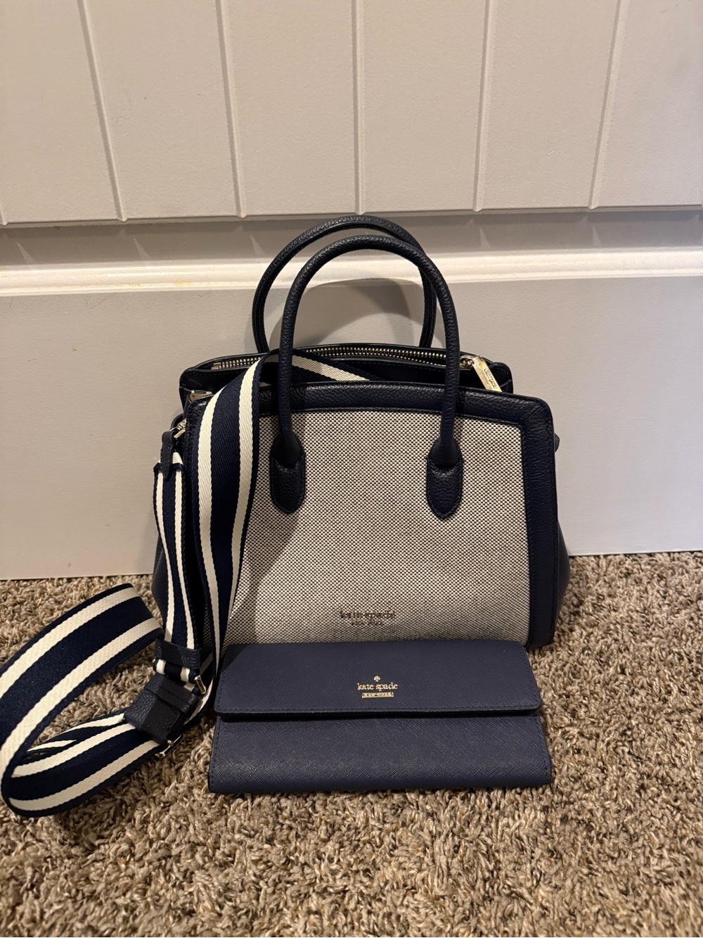 kate spade cream and navy satchel w/ striped crossbody strap and matching wallet
